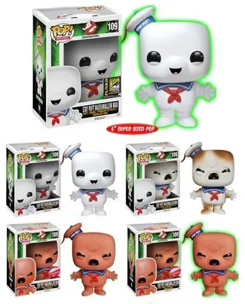 Product images - Stay Puft Marshmallow Man 109 – Common, Toasted, Pink, Pink GITD and Stay Puft GITD Exclusive Figures