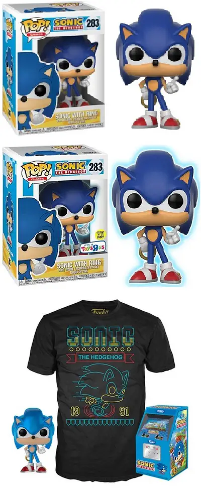 Product image 283 Sonic with Ring – Sonic with Ring GITD – Toys R Us Exclusive - Sonic with Ring Metallic – GameStop Exclusive T-Shirt Bundle