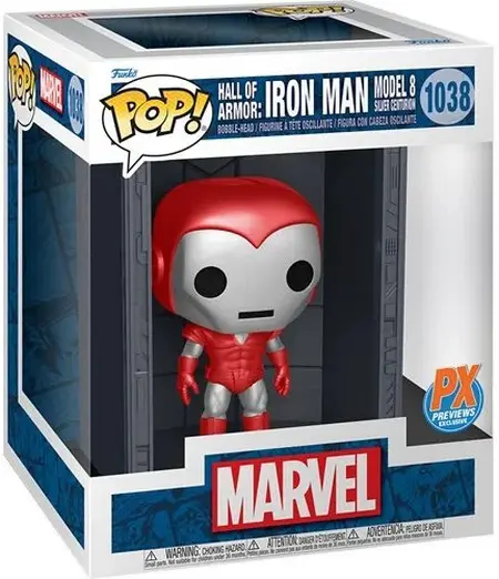 Product image 1038 Marvel Iron Man Hall of Armor Iron Man Model 8 Silver Centurion Iron Man Deluxe Funko Pop Figure - PX Previews Exclusive