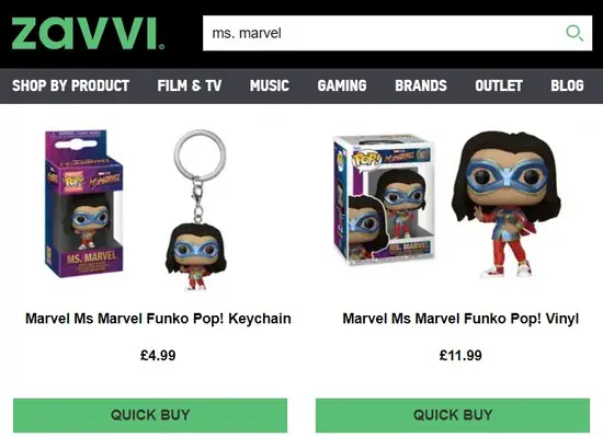 Online retailer banner Buy Ms. Marvel Merchandise at ZAVVI