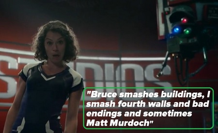 She-Hulk Meme for the line "Bruce smashes buildings, I smash fourth walls and bad endings and sometimes Matt Murdoch"