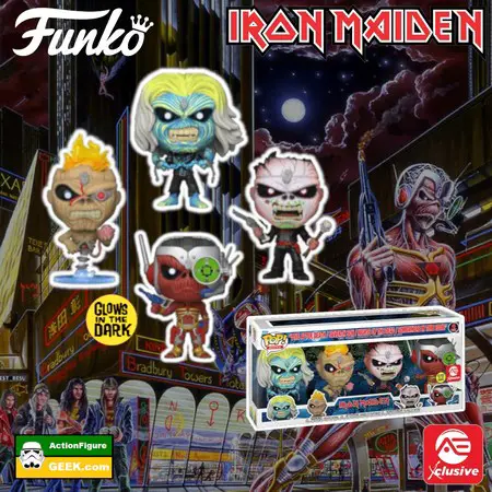 iron Maiden Glow In The Dark (GITD) 4-pack Funko Pop! AE Exclusive - somewhere in time eddie